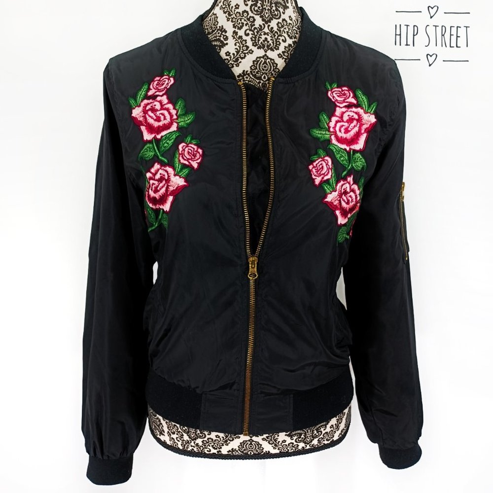 CHARLOTTE RUSSE Embroidered Floral Shiny Bomber Jacket L